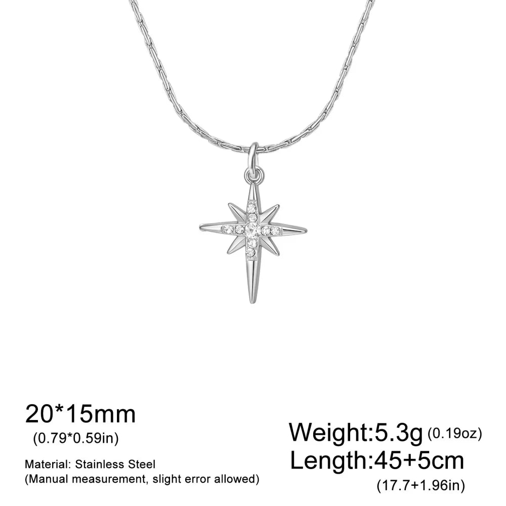 Gold stainless steel North Star pendant necklace for women featuring zircon accents, waterproof jewelry with chain.