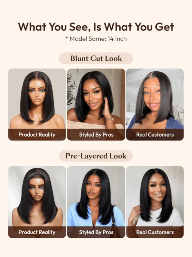 UNice Natural Black Yaki Bob Wig 7x5 Lace Bye-Bye Slip™ Put-On-and-Go Glueless Human Hair Drawstring Wig for Beginners