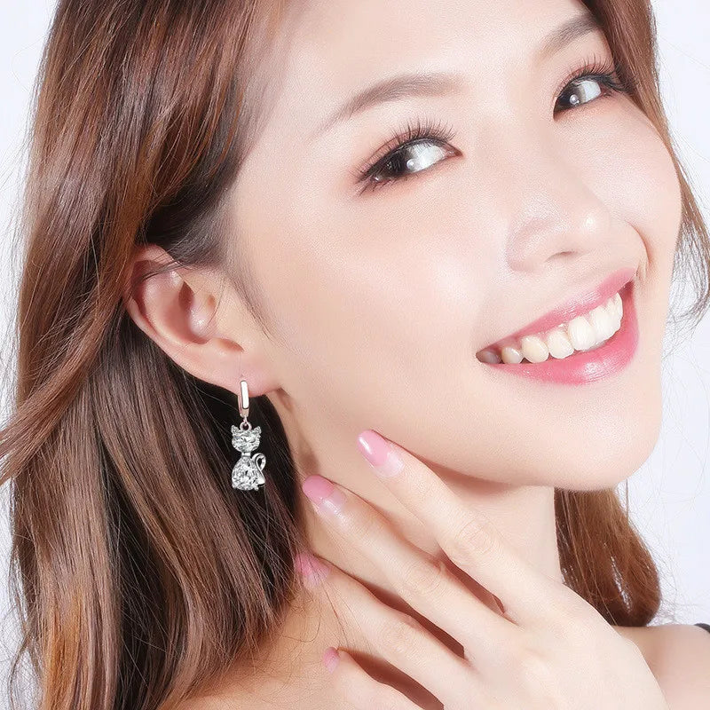 Cute cat hoop earrings with zircon accents for women, close-up jewelry view