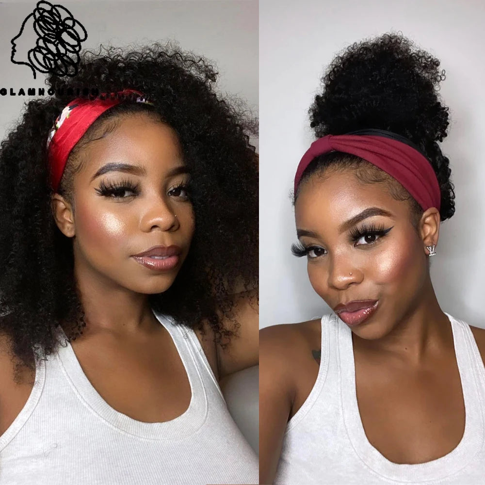 Afro kinky curly Brazilian human hair headband wig, 200% density, glueless Remy hair in natural curls