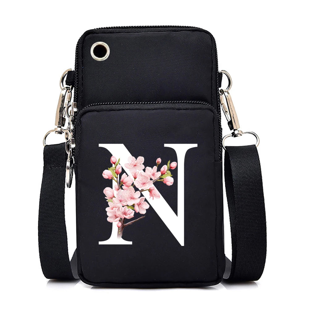 HSF Marketplace Sakura alphabet floral small crossbody bag for women, featuring colorful letter graphics and a compact mobile phone design