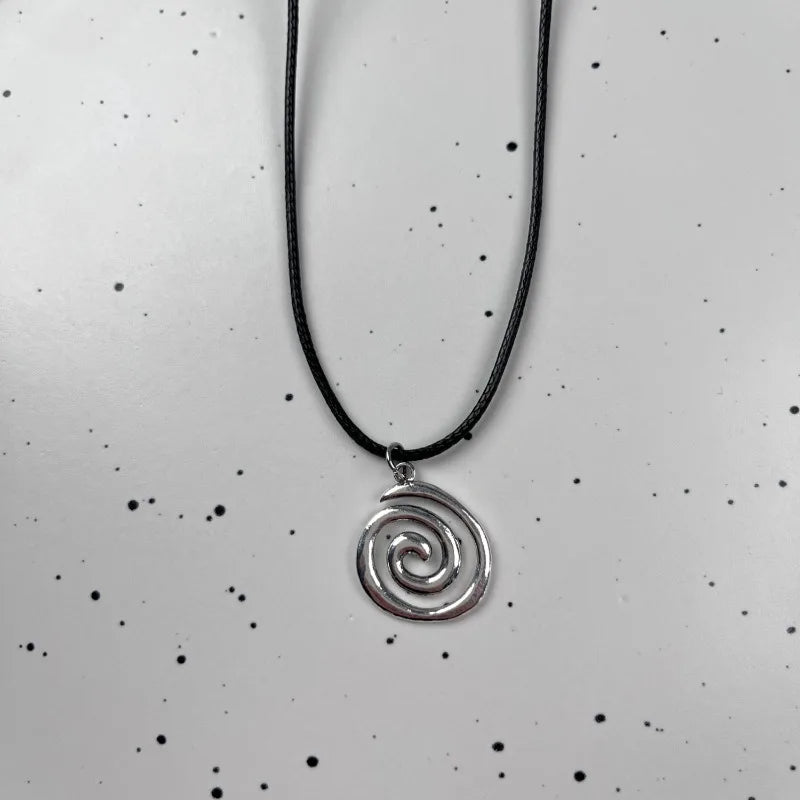 Vintage spiral vortex pendant necklace with hand-woven leather rope, boho goth jewelry for women, stylish Y2K fashion accessory
