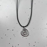 Vintage spiral vortex pendant necklace with hand-woven leather rope, boho goth jewelry for women, stylish Y2K fashion accessory
