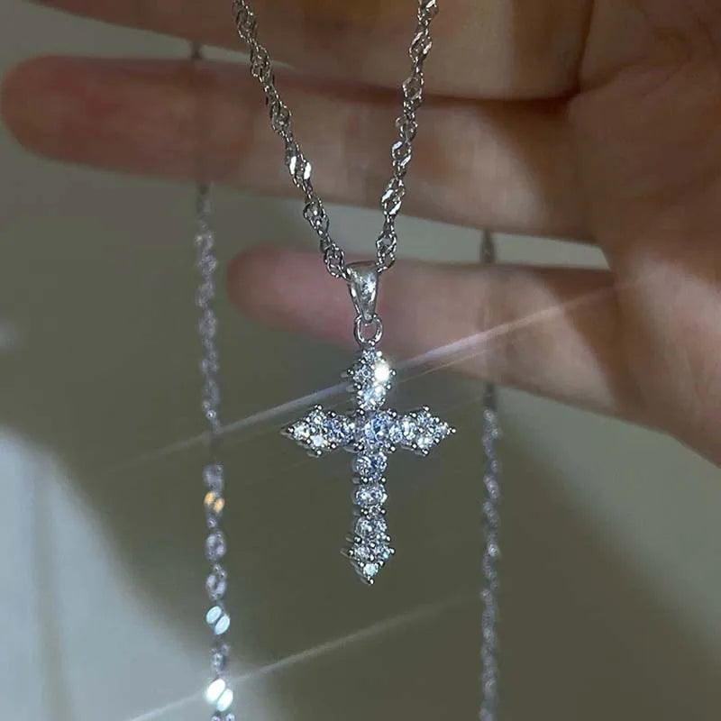 Silver crystal zircon cross pendant necklace for women by HSF Marketplace