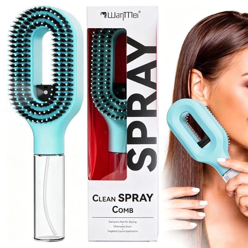 HSF Marketplace 2-in-1 spray hair brush with water mist and anti-static comb for detangling, frizz control, and scalp massage.
