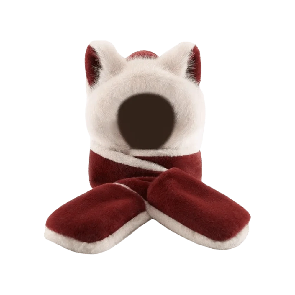 3-in-1 fox ear winter hat, scarf and gloves set in soft gray for warmth