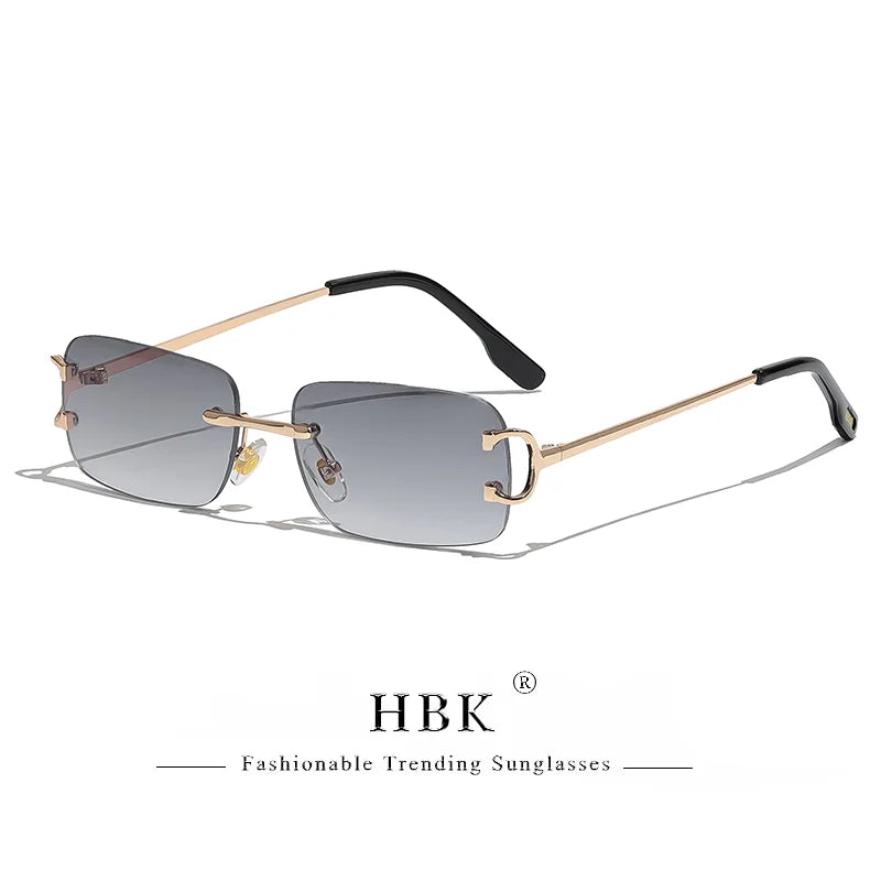 HBK Retro Rimless Square Sunglasses for women and men with gold frame, UV400 protection, and stylish tea shades eyewear.