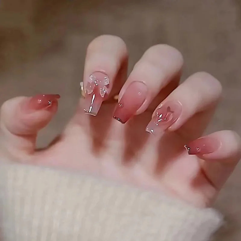 24-piece blush pink glitter diamond cat eye coffin press-on false nails by HSF Marketplace