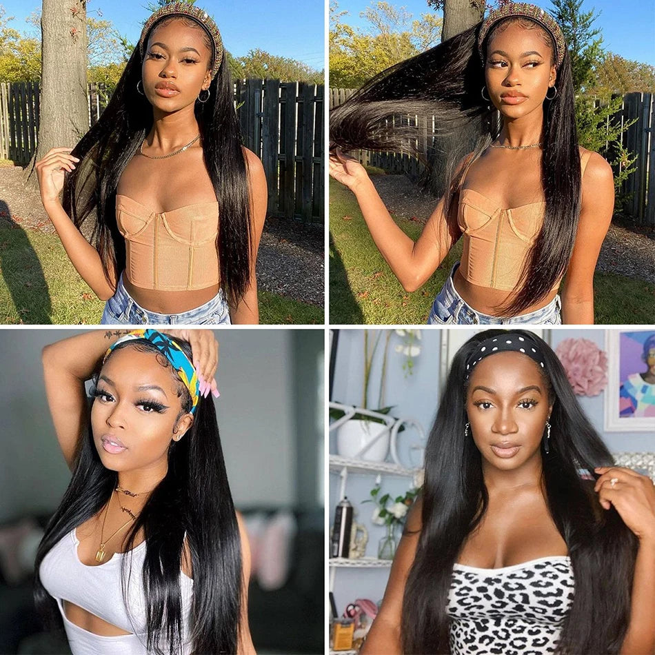 Black women’s straight human hair headband wig, glueless lace-free design by HSF Marketplace