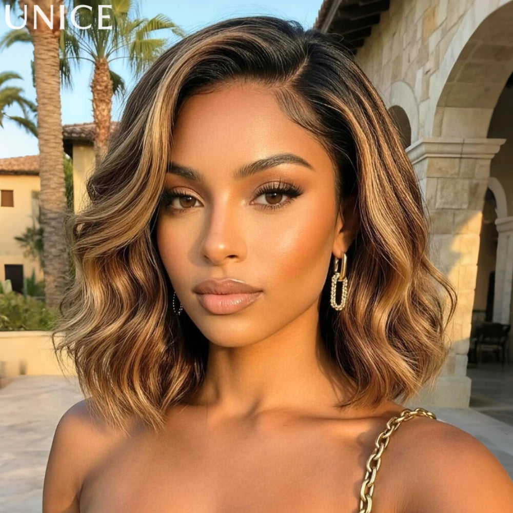 HSC Marketplace brown human hair wig with blonde highlights, wavy bob style, side part, lace front, face-framing layers.
