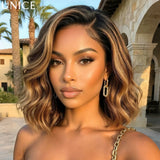 HSC Marketplace brown human hair wig with blonde highlights, wavy bob style, side part, lace front, face-framing layers.