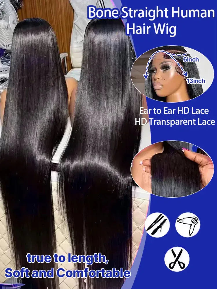 Luxurious Silky Long Straight Glueless Full Lace Front Human Hair Wigs For Women Brazilian Raw Virgin 13x4 13x6 Transparent Lace Frontal Wig 40 42 Inch 300 Density Ultra Smooth Straight Pre Plucked Hairline With Natural Baby