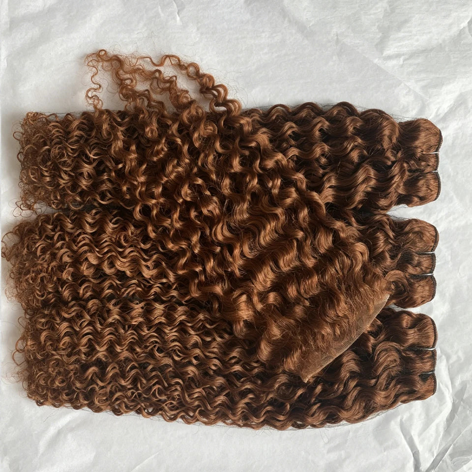 Chocolate brown human hair bundles with deep curly waves and HD transparent lace closure, featuring a wet and wavy style.