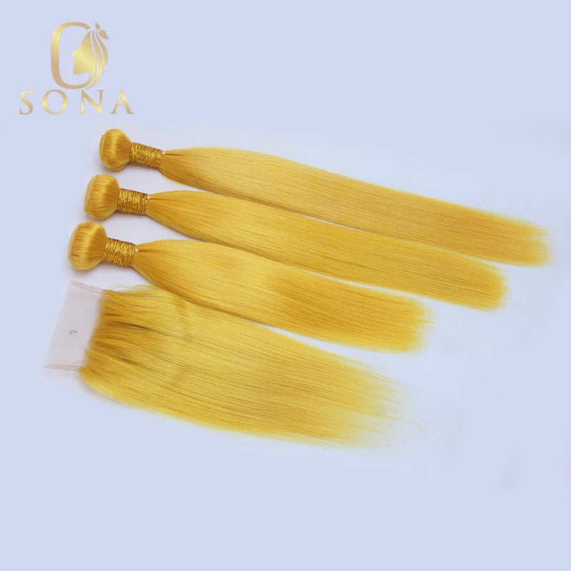 Yellow straight human hair bundles with 4x4 lace closure, sew-in wefts, HSF Marketplace, 100% natural human hair, thick and smooth