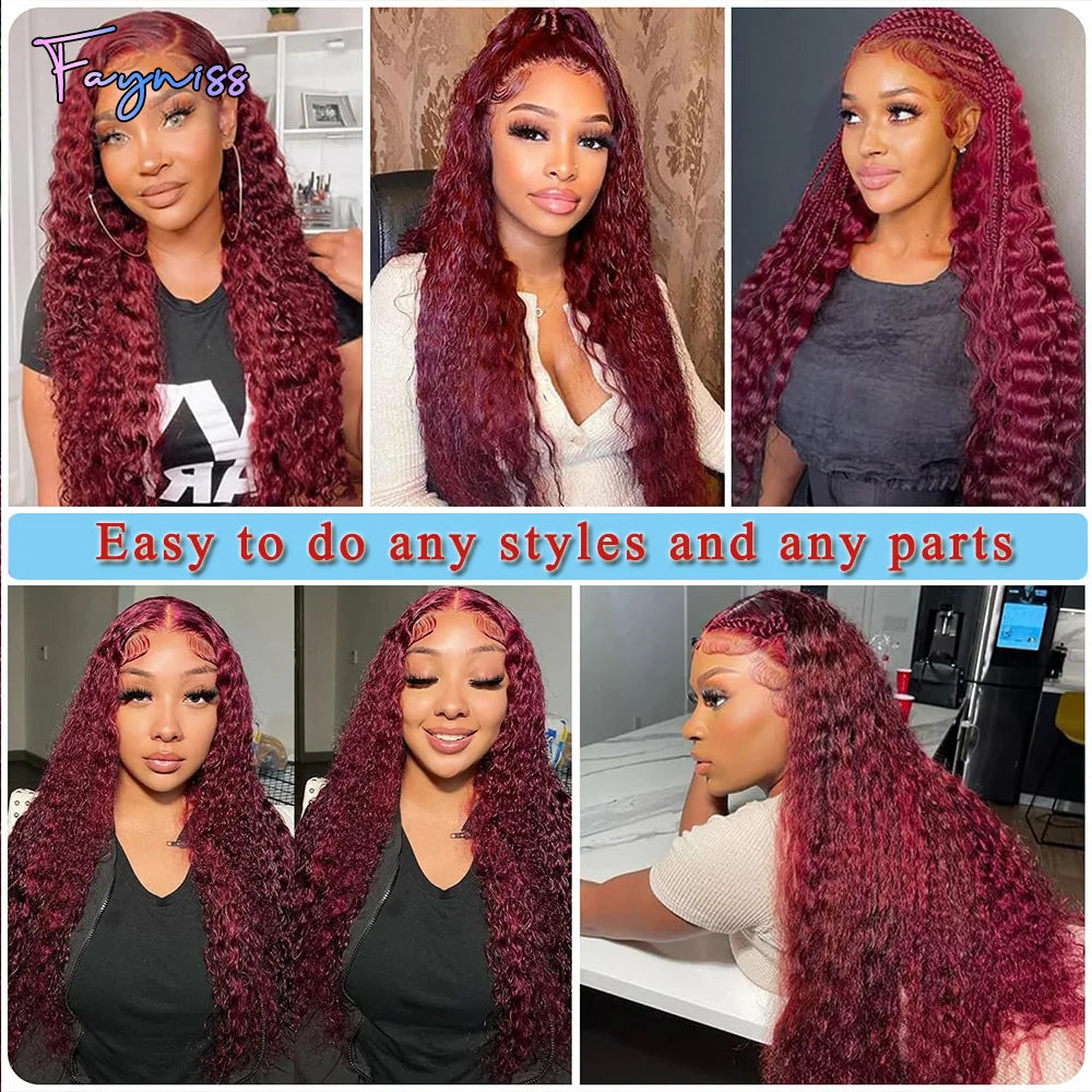 Clearance Sale 99j Burgundy Red Deep Wave Curly 13x4 Transparent Lace Front Wig Human Hair for Women 100% Human Hair Material Soft Healthy 4X4 Lace Closure Wig Human Hair