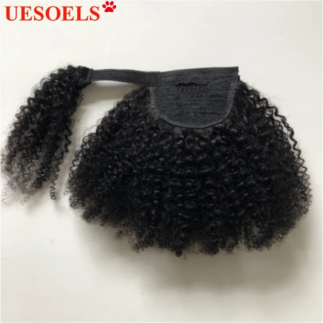 Afro kinky curly clip-in wrap-around ponytail extensions made from Mongolian human hair