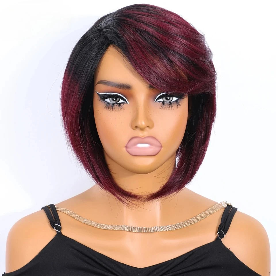 Rebecca Brazilian short straight bob human hair wig with bangs, side part, full machine-made, styled for Black women.