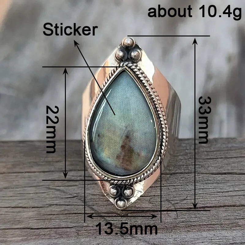 Huitan Vintage Women Rings with Pear Shaped Green Stone Sticker Geometric Temperament Lady Accessories Party Boho Style Jewelry