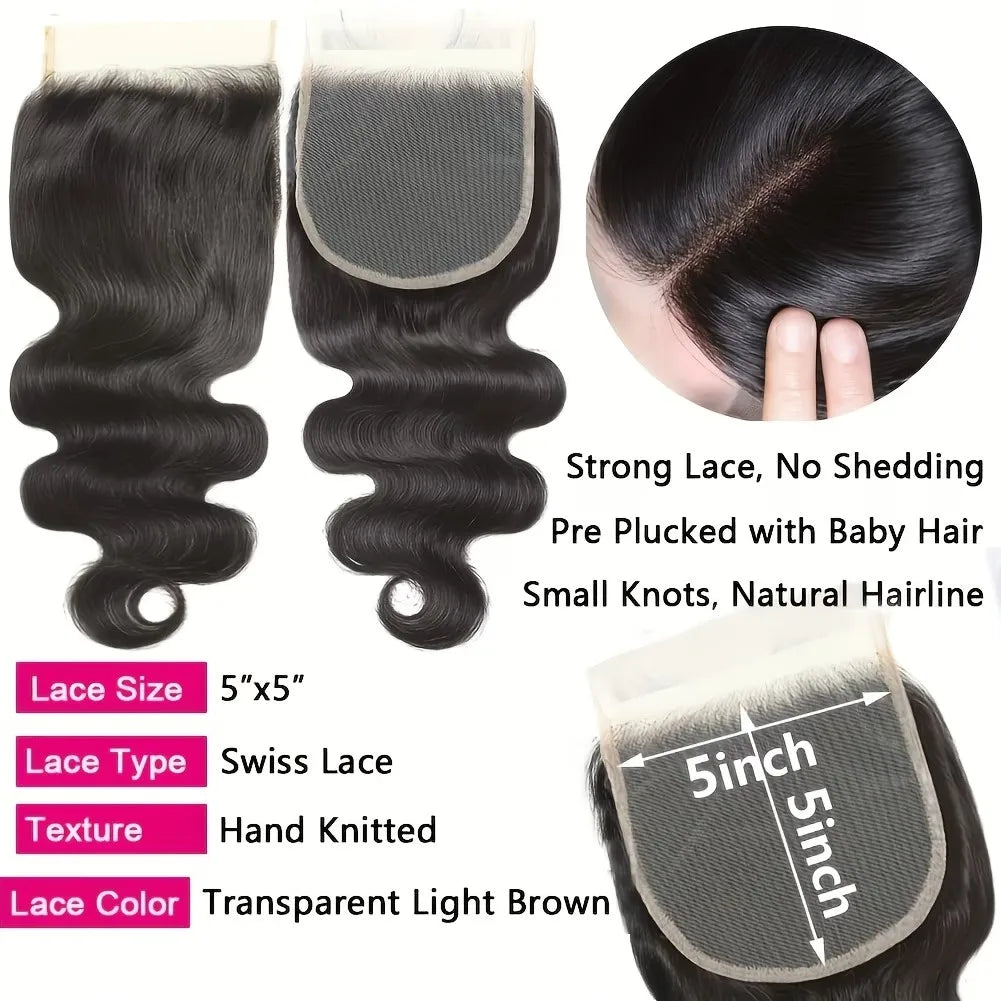 5X5 Body Wave 3/4 Bundles with 4X4 Lace Closure Human Hair Extensions for Women Natural Black Big Wave Human Hair Easy to Wear for Women'S Daily Styling