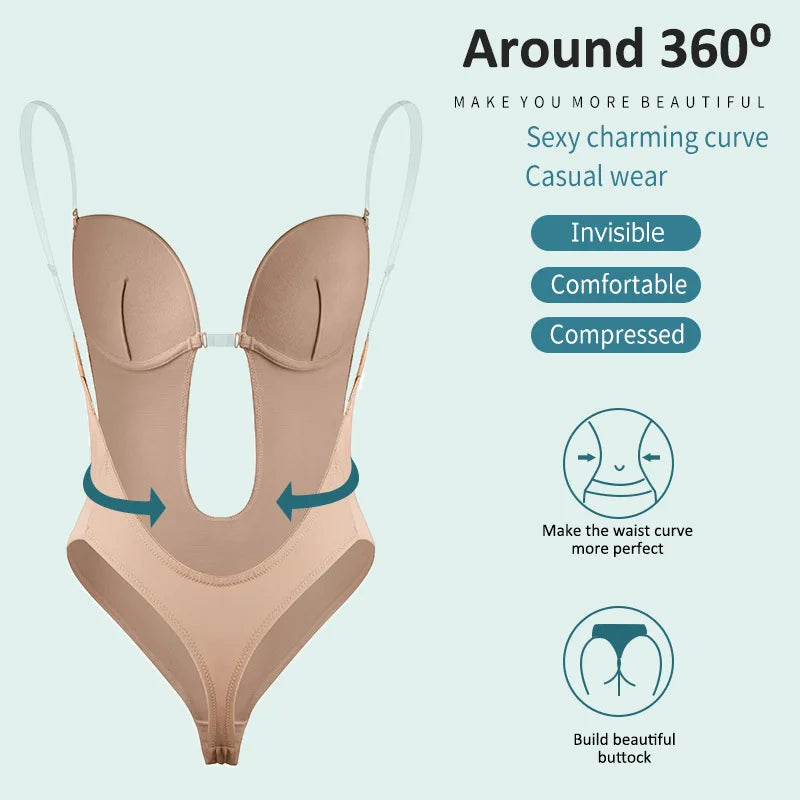 Women's deep V-neck push-up body shapewear bodysuit with thong bottom, U-shaped low back and backless design