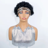 Short tight kinky curly jet black human hair wig with leopard print twist headband, HSF Marketplace