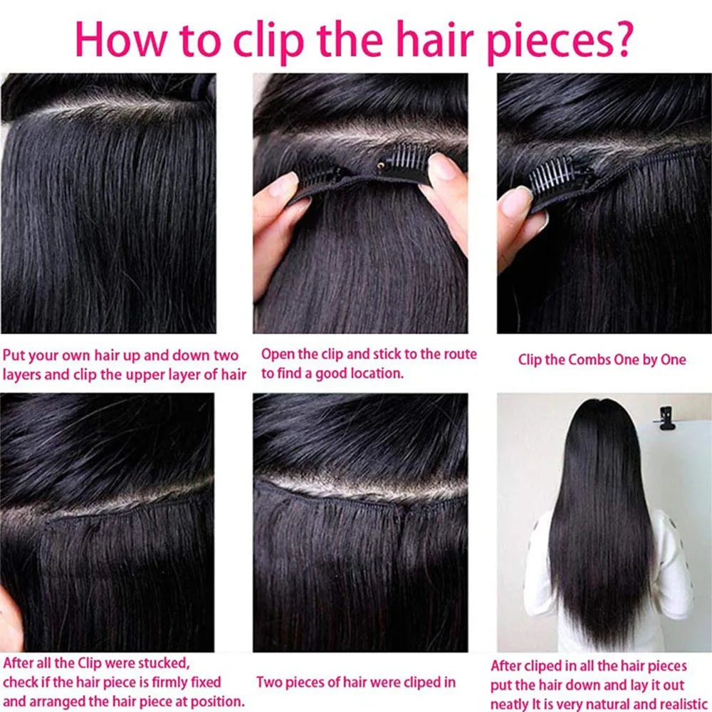 Straight clip-in hair extensions, natural black 100% human hair, 8-piece 120g full-head set
