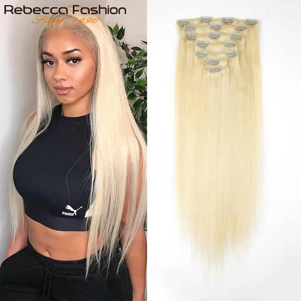 Seven-piece set of HSF Marketplace human hair clip-in extensions with straight, natural 16-24 inch double weft hair styling tools.