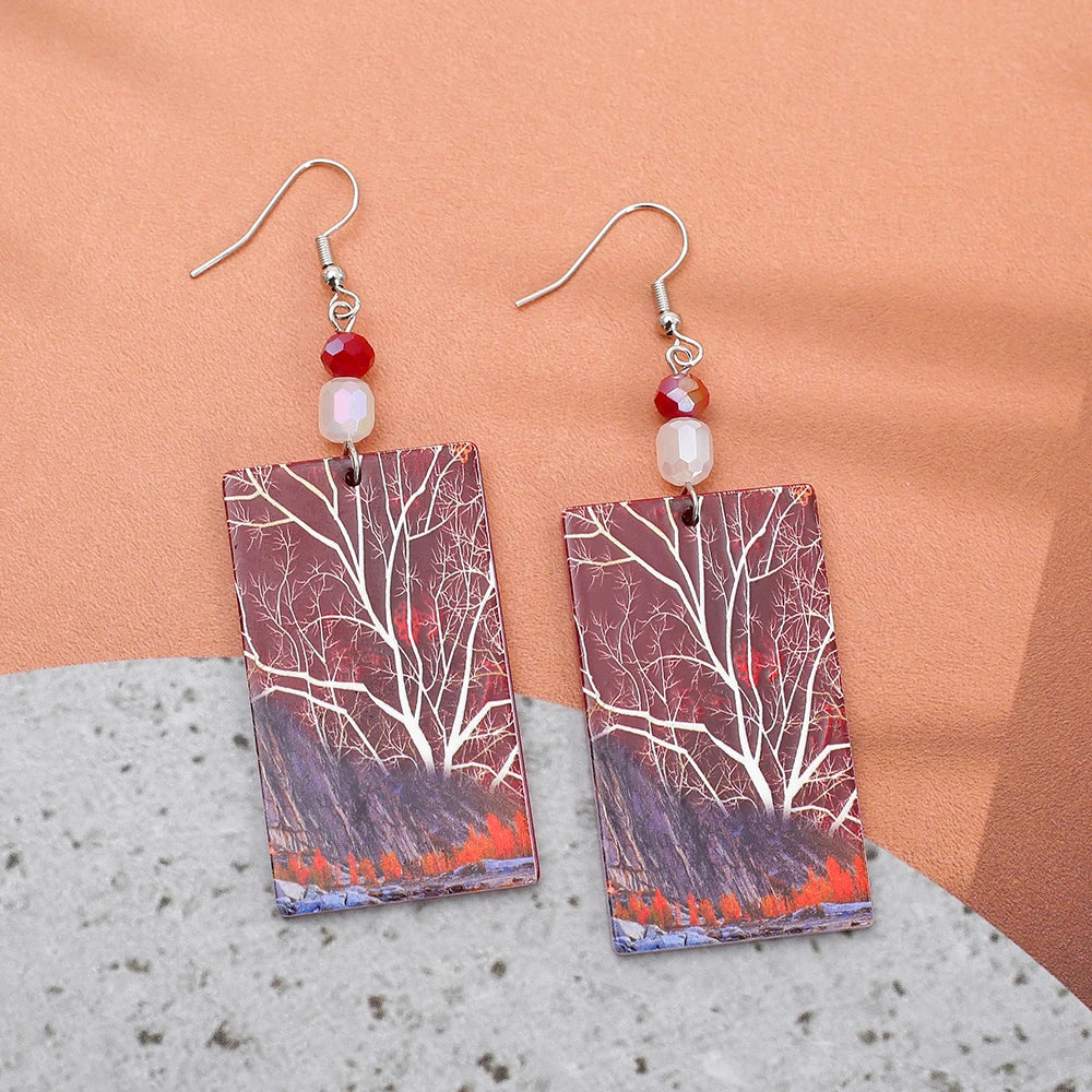 Red brown vintage tree dangle earrings for women by HSF Marketplace