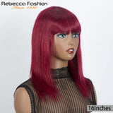 Rebecca 180D straight human hair wig with bangs, highlighting a sleek straight bob style for women, full machine-made for easy wear.