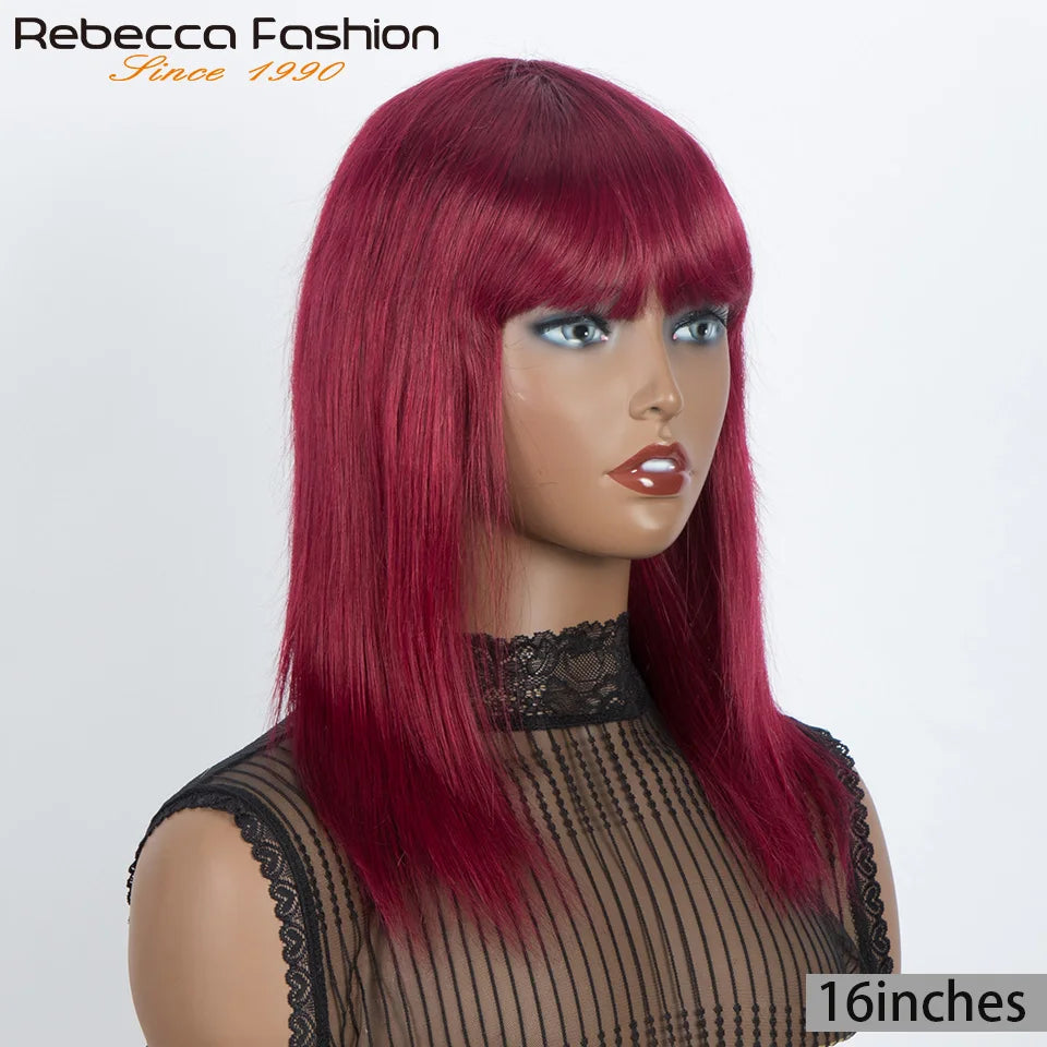 Rebecca 180D straight human hair wig with bangs, highlighting a sleek straight bob style for women, full machine-made for easy wear.