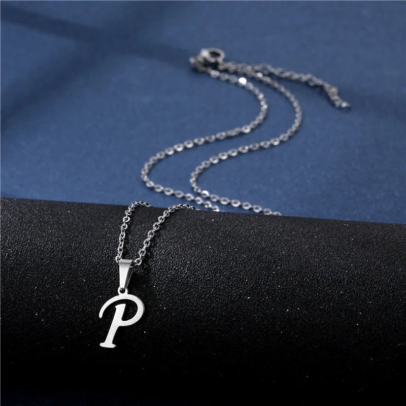 Simple stainless steel initial letter pendant necklace for women, glossy clavicle chain choker jewelry.