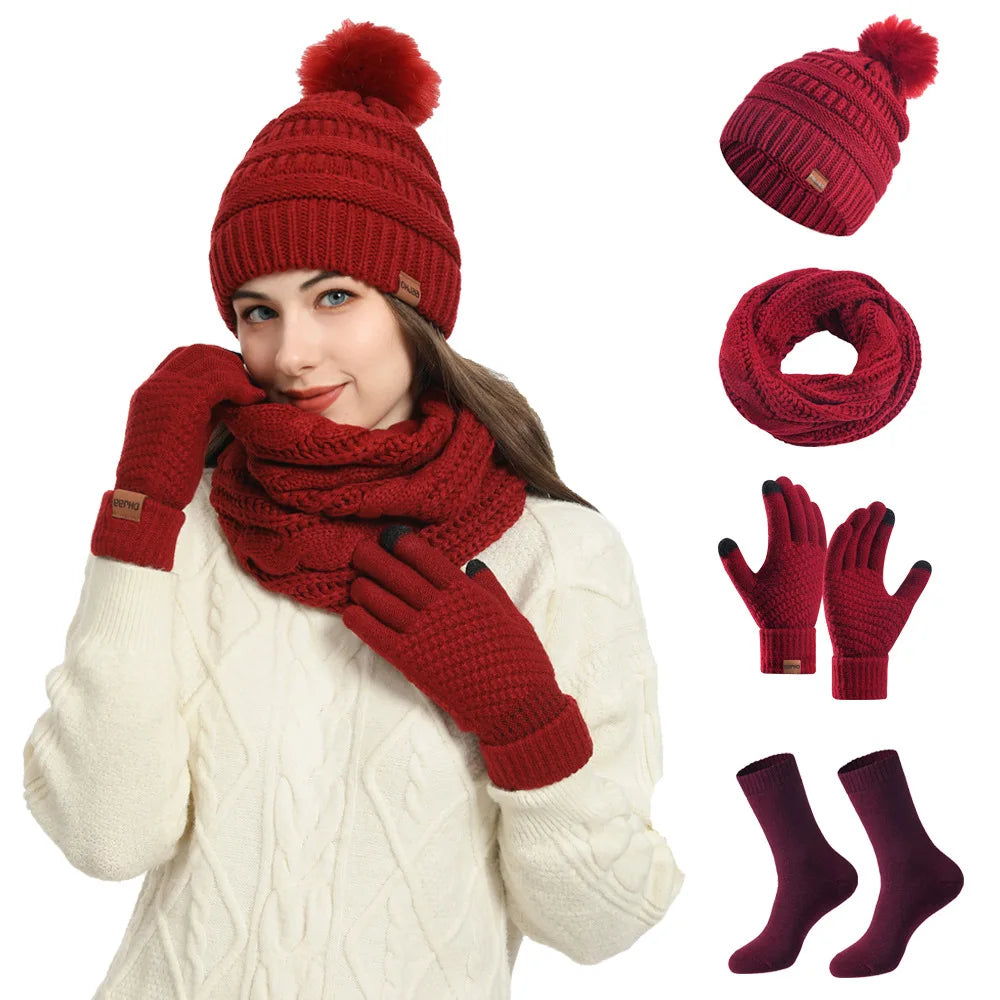 Women's winter hat, scarf and gloves set with faux fur ball by HSF Marketplace