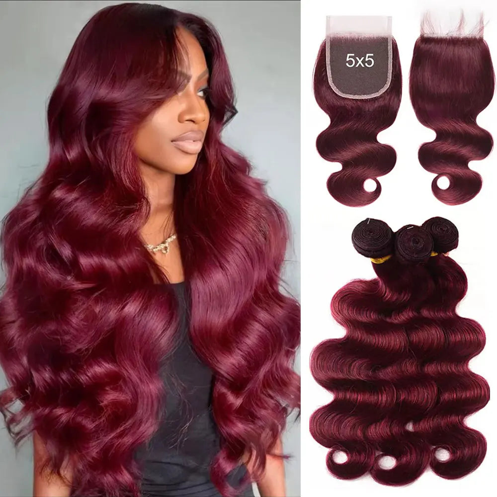 99J Burgundy Body Wave 5x5 Closure With Bundles 100% Raw Colored Wavy Human Hair Bundles With Closure Natural Hair Extensions