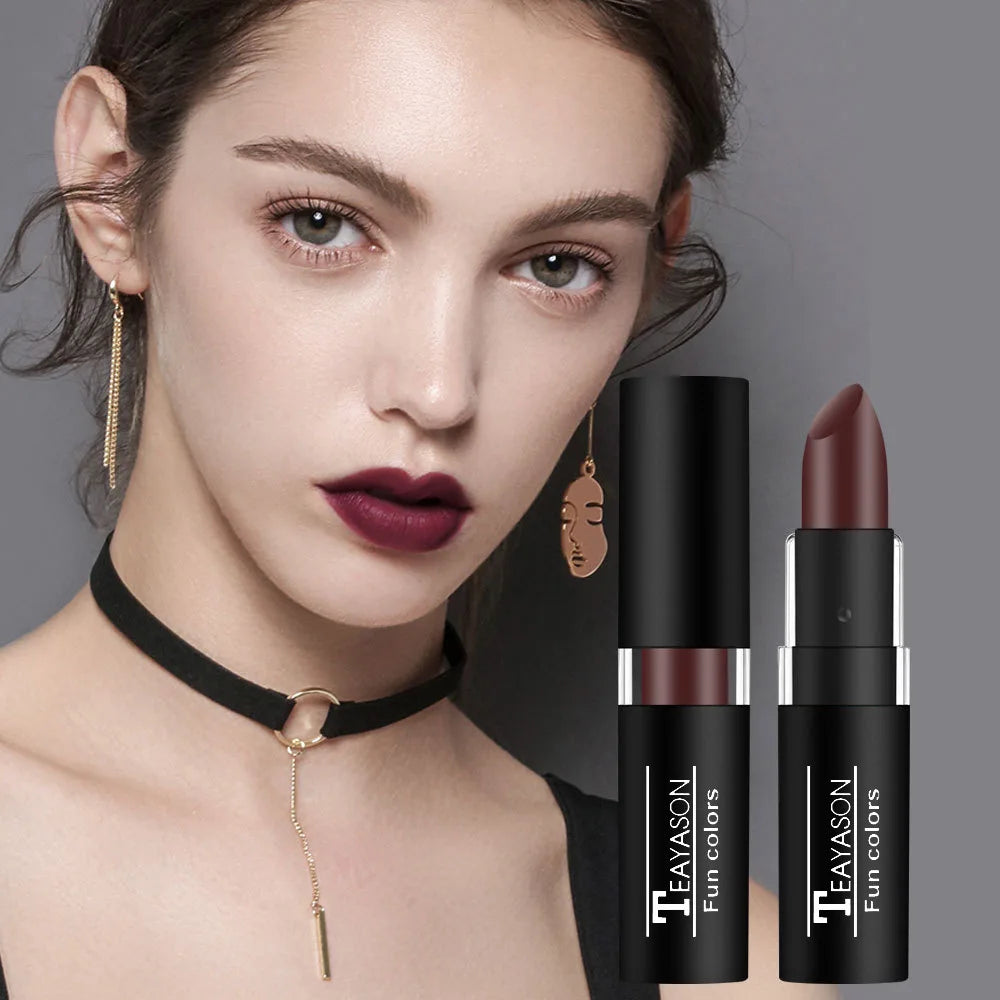 Set of 12 waterproof, long-lasting lipstick shades including red, black, blue, purple, and green matte lip gloss by HSF Marketplace.