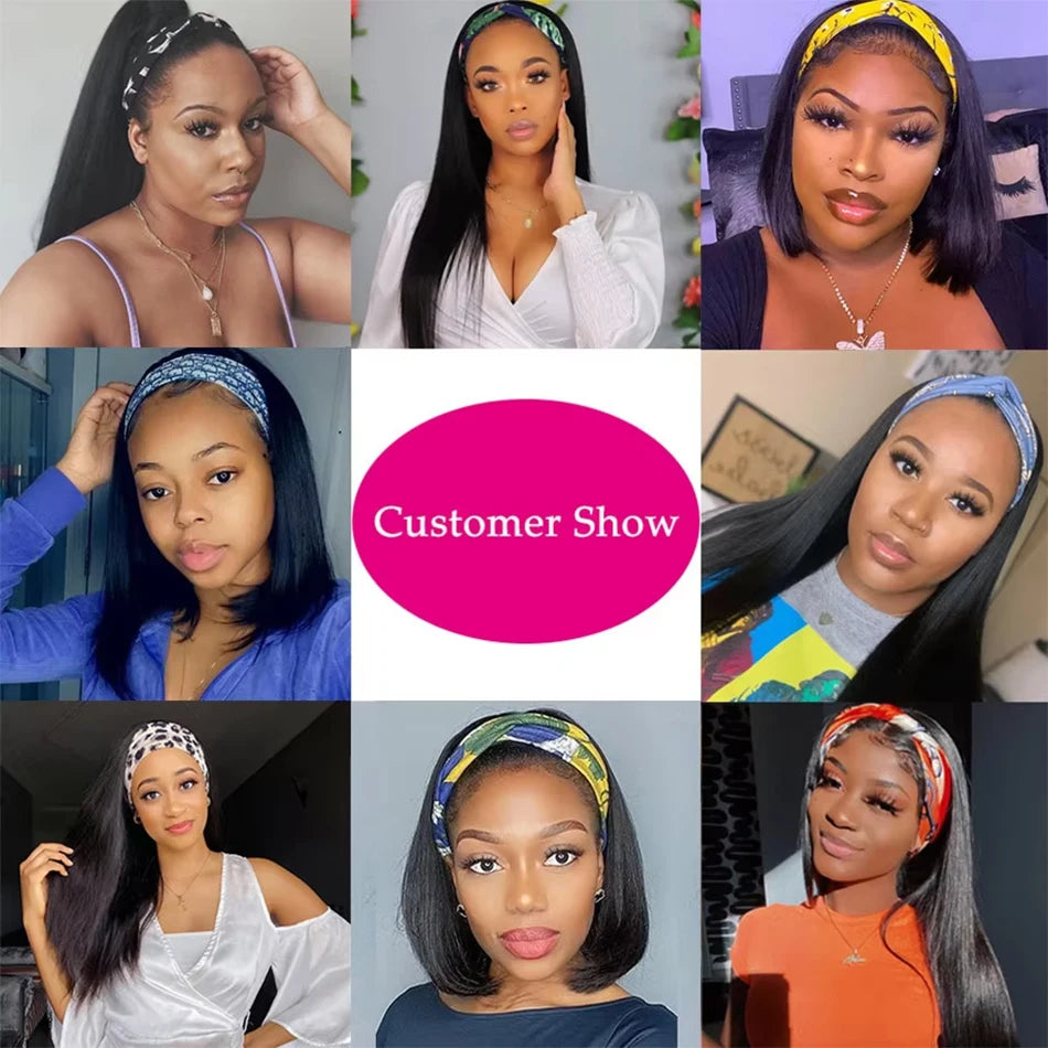 30-inch straight Brazilian human hair headband wig, full machine-made style for women, no-glue design