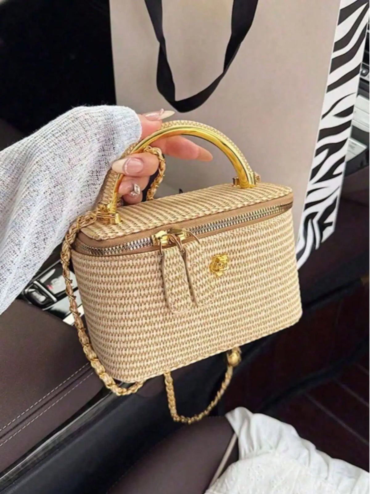 Minimalist woven straw lunch box bag with chain strap by HSF Marketplace