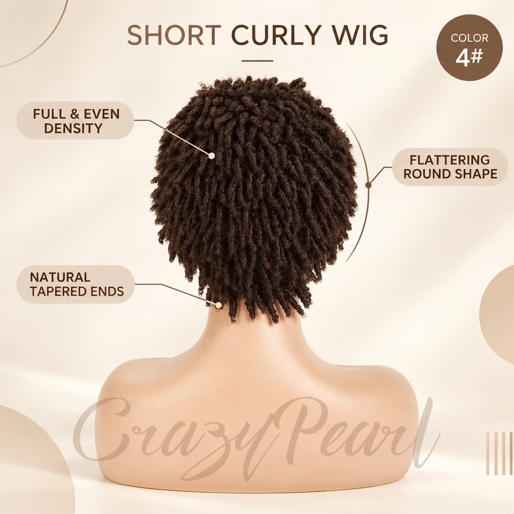 Chocolate brown short pixie cut dreadlocks wig with lace frontal, faux locs, and braided style, human hair wig from HSF Marketplace.