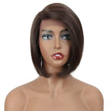 Straight bob human hair wig with lace front, short Brazilian style, featuring natural black color and detailed lace construction.