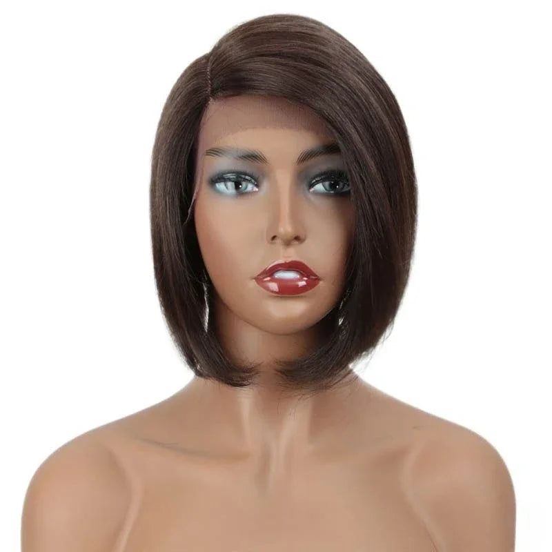 Straight bob human hair wig with lace front, short Brazilian style, featuring natural black color and detailed lace construction.