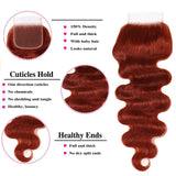 Reddish Brown Body Wave Human Hair Bundles with 4x4 HD Lace Closure Free Part Color #33 Brazilian Raw Hair Copper Red Wavy Color