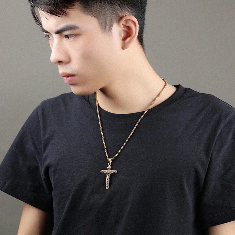 Stainless steel Jesus cross necklace for men, shown in gold and silver options
