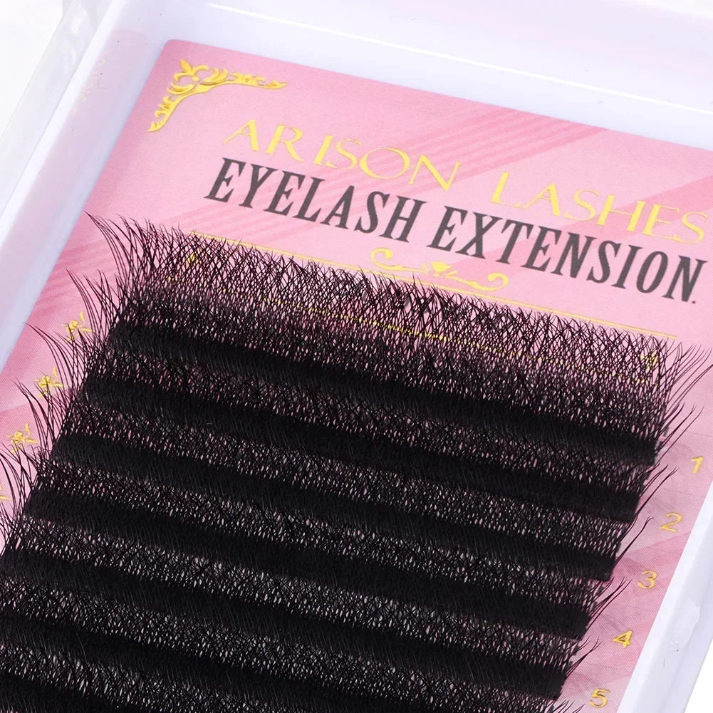 Arison 3D-6D W-Shape false eyelash extensions for volume fans in a curled lash tray display