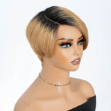 Put On And Go short pixie cut human hair wig with straight bob style, lace C-part, Brazilian Remy hair, glueless daily wear for women