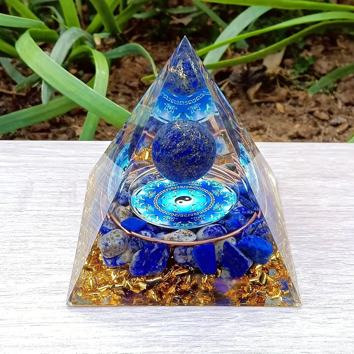 1Pc Orgone Pyramid, Natural Lapis Lazuli Sphere, Energy Orgone Pyramid Stone Decoration, Tai Chi Diagram, Bedside Decoration