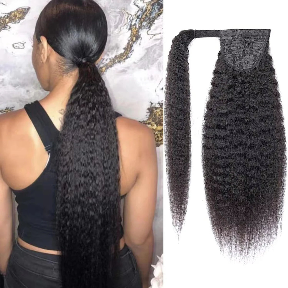 Kinky straight Remy Brazilian human hair wrap-around clip-in ponytail extension in natural color by HSF Marketplace