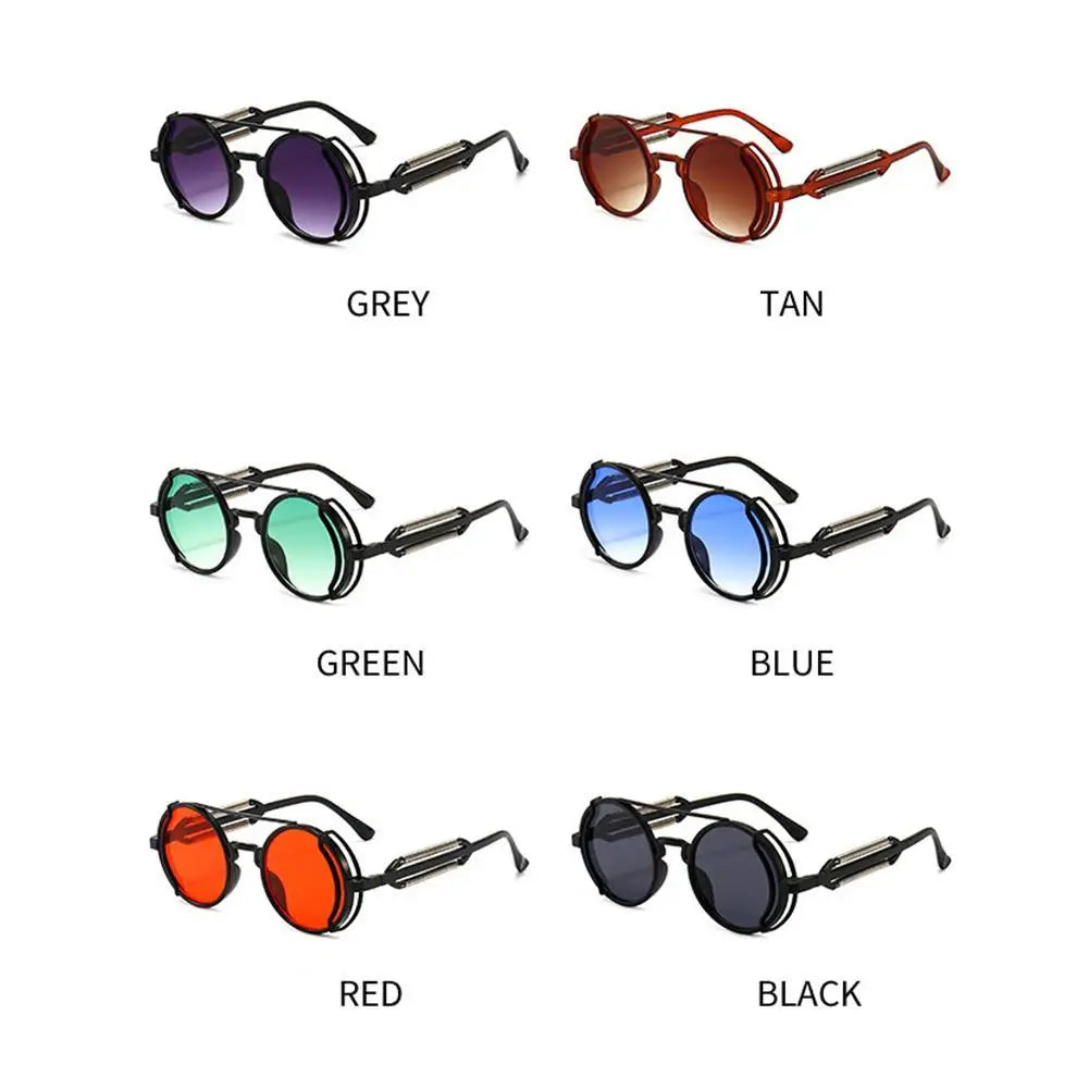 Trendy punk steampunk sunglasses with round Gothic style design, UV400 protection, featuring double spring arm eyewear.