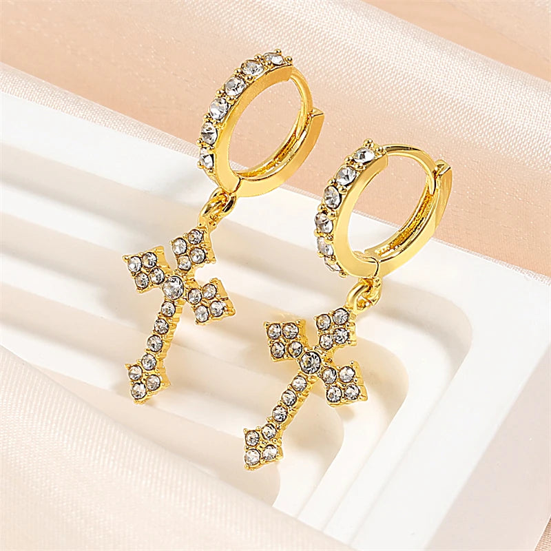 Minimalist zirconia cross dangle earrings for women by HSF, shown in a delicate drop design