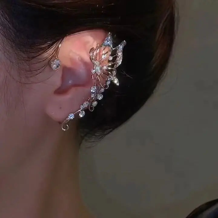 Korean elf butterfly ear cuff with sparkling zircon crystals, non-piercing clip earring for women in silver tone