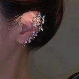 Korean elf butterfly ear cuff with sparkling zircon crystals, non-piercing clip earring for women in silver tone