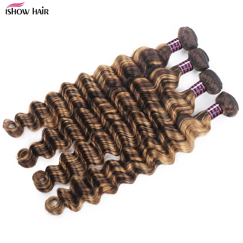Ishow Highlight Loose Deep Wave Bundles With Closure 4x4 Lace Closure With Bundles 100% Remy Human Hair Extensions For Women